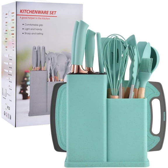 19 Pieces Kitchen Utensils and Knife Set with Block, Inldued 9 Pieces Silicone Cooking Utensils Set 5 Pieces Sharp Stainless Steel Chef Knives Scissors Whisk Tongs and Cutting Board (TEAL)