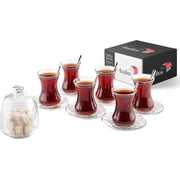 19 Pieces Turkish Tea Glasses Set Includes; 6 Glasses tea cups 4.5 oz, 6 Saucers, 6 Stainless Steel Spoons and Sugar Bowl with Glass Cover 8.6 oz