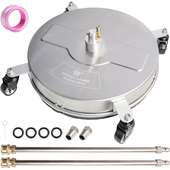 19" Pressure Washer Surface Cleaner, Stainless Steel Surface Cleaner with 4 Wheels for Concrete, Patio, Sidewalk, Deck, Pathway 1/4" Quick Connector, 2 Extension Wand, 4000 PSI