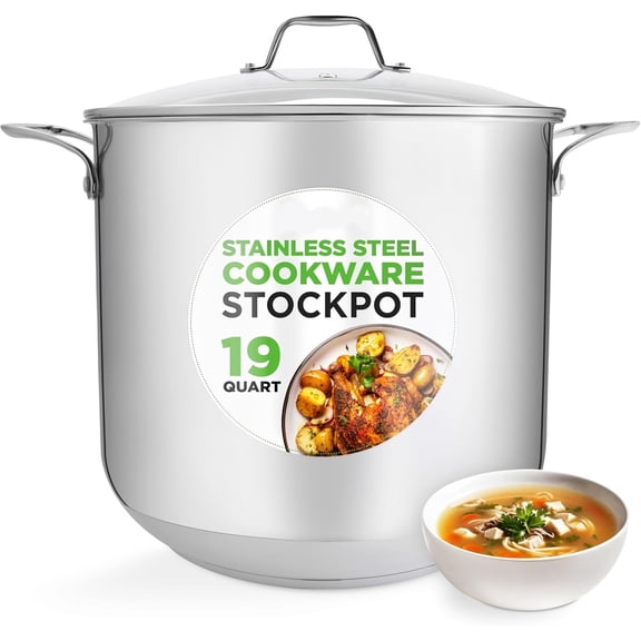 19-Quart Stainless Steel Stockpot  18/8 Food Grade Heavy-Duty Induction-Compatible Pot with See-Through Lid, Ideal for Stews, Broths, Simmering & Soups, Dishwasher Safe