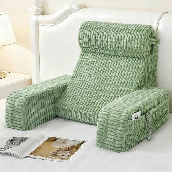 19" Reading Pillow for Bed with Built-in Arms & Large Pockets, Supportive Backrest Cushion for Reading, Resting, or Reclining, Washable Cover Sage Green