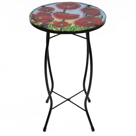 Northlight 19" Red Floral Poppies Glass Patio Side Table