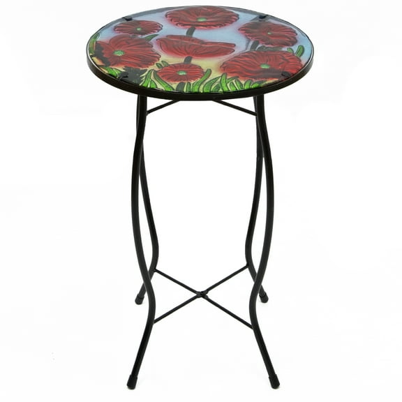 Northlight 19" Red Floral Poppies Glass Patio Side Table