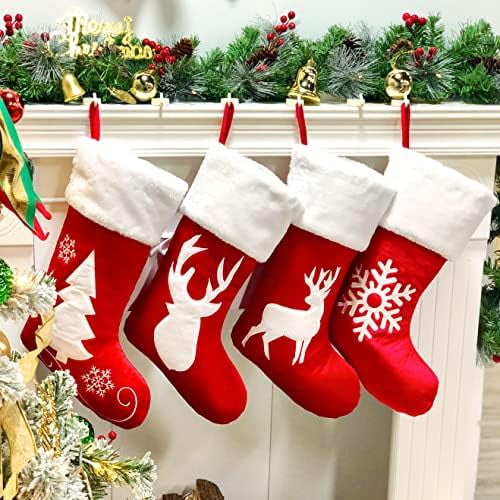 19'' Red Velvet Christmas Stockings Kit 4 Pcs Xmas Stocking Reindeer Snowflake Rustic Socks Holders Ornament Luxury Gifts Bags for Family Xmas Tree Party Supplies$$Home Decor, Kitchen, & Other