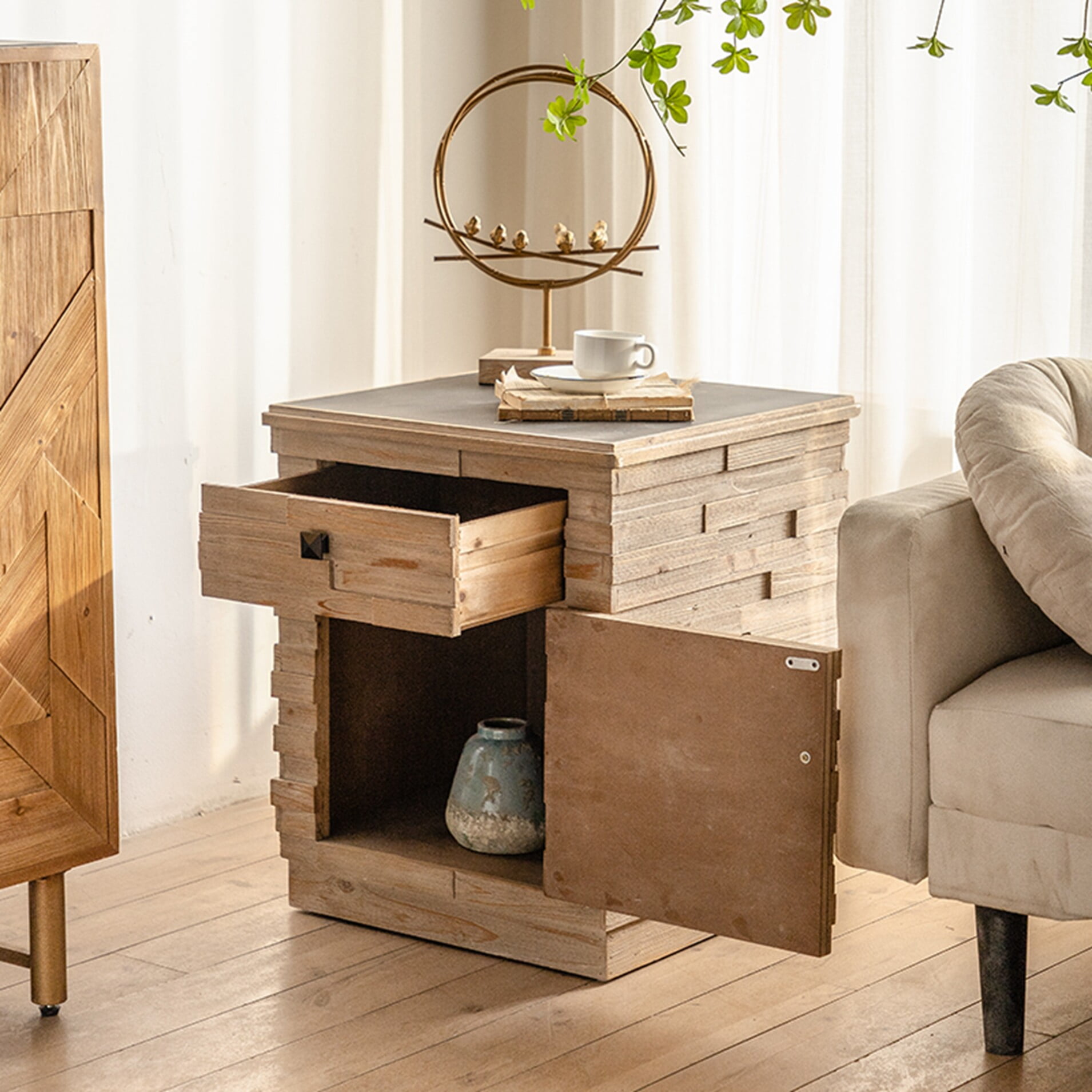 19" Retro Splicing Design Coffee Table, Side Storage Cabinet with 1 ...