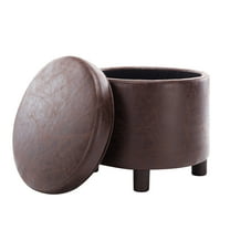 19'' Round Storage Ottoman with Lift-Off Lid, Brown Faux Leather Upholstered Footrest Stool with Storage, Wooden Legs for Living Room, Bedroom, Entryway