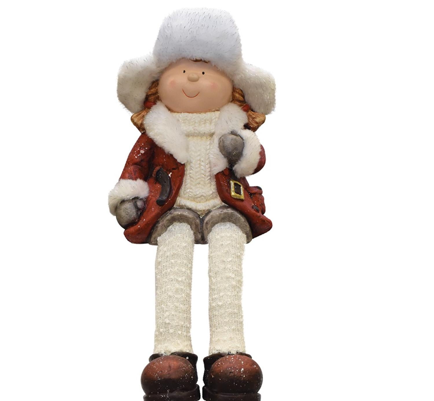 19" Sitting Young Girl in Faux Fur Trapper Hat Christmas Figure