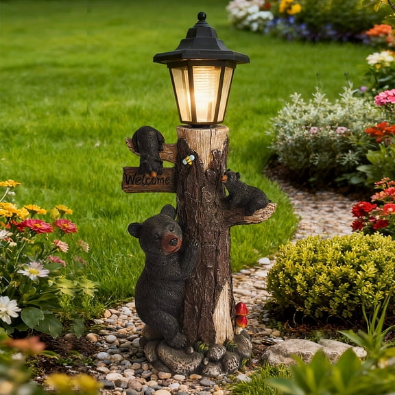 19" Solar Welcome Sign Black Bear Statue, Outdoor Decor for Holiday Gift