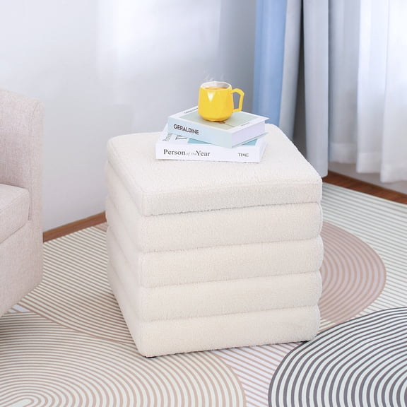 19" Square Storage Ottoman Sherpa Foot Rest Footstool Upholstered Storage Stool Seat White
