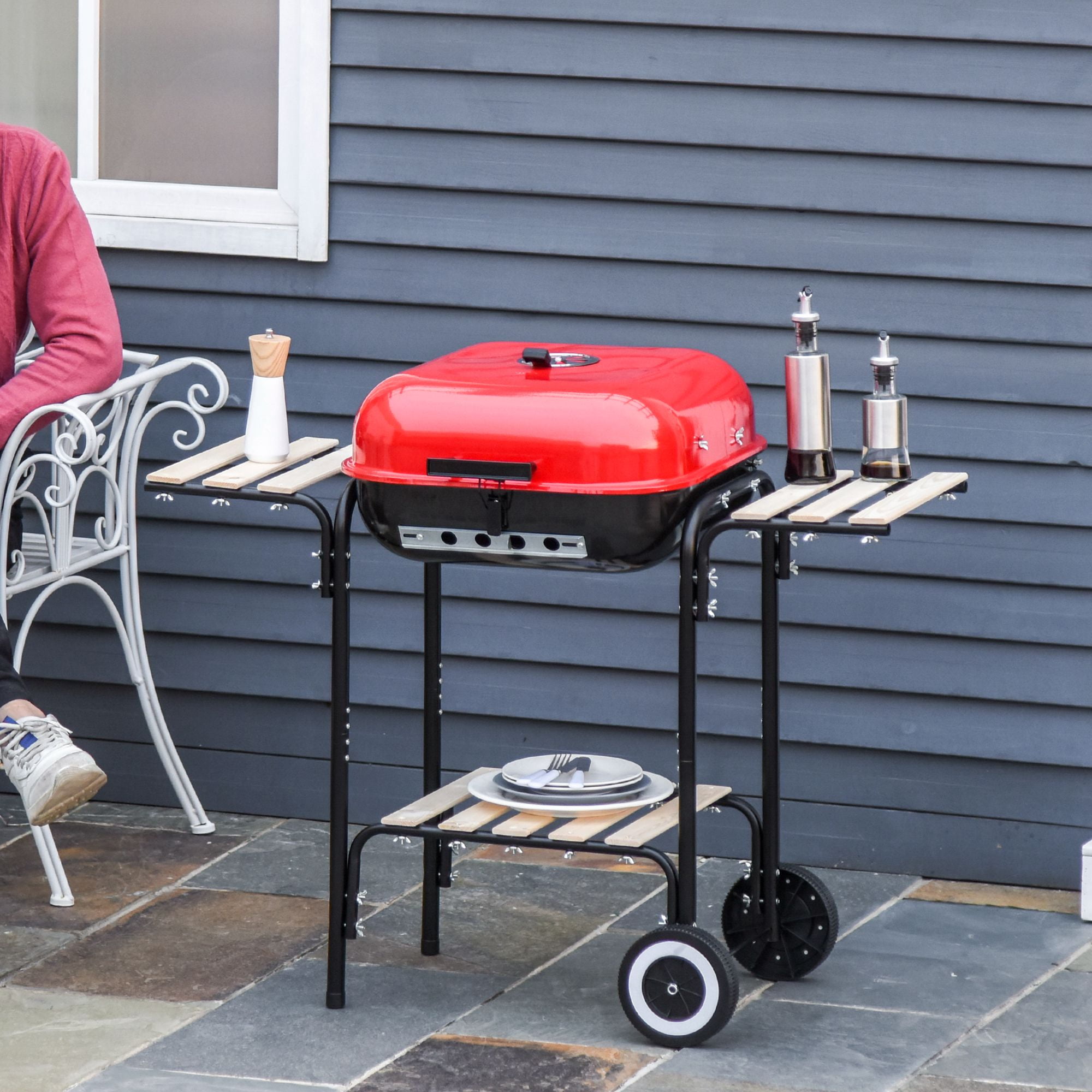 Outsunny Red and Black Portable Charcoal Grill with Shelves