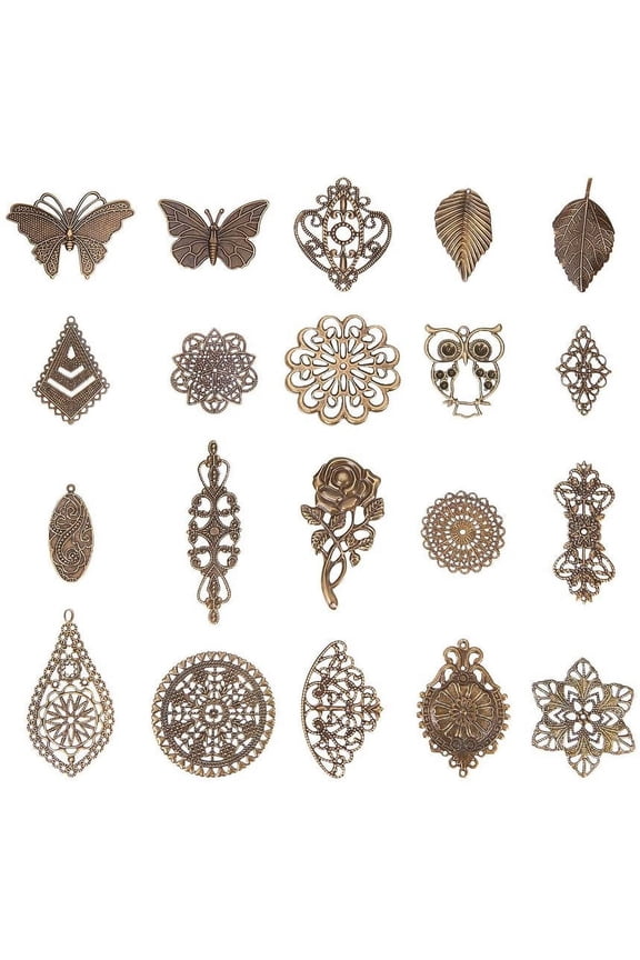 19 Style Filigree Connectors Charms 120pcs Antique Bronze Butterfly Rose Flower Animal Pendants Findings Iron Metal Filigree Embellishments for DIY Hairpin Headwear Jewelry Making
