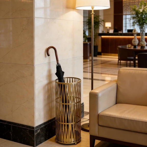 19" Tall Modern Metal Umbrella Stand for Entryway, Round Cane and Walking Stick Holder with Drip Tray, Elegant Home & Office Foyer Decor, Gold$$Home Decor, Kitchen, & Other