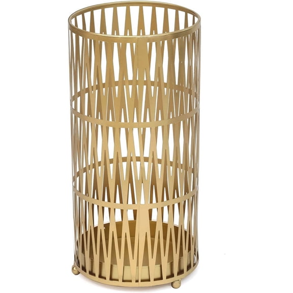 19" Tall Modern Metal Umbrella Stand for Entryway, Round Cane and Walking Stick Holder with Drip Tray, Elegant Home & Office Foyer Decor, Gold