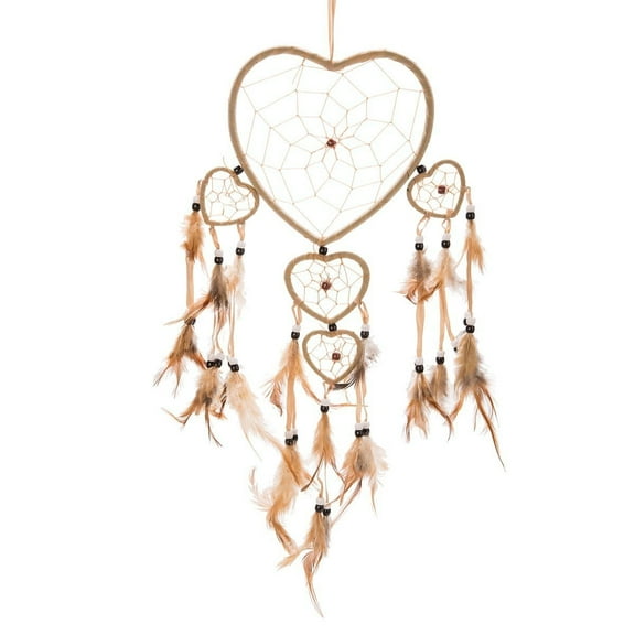 19" Traditional Brown Dream Catcher with Feathers Wall or Car Hanging Ornament Five Hearts
