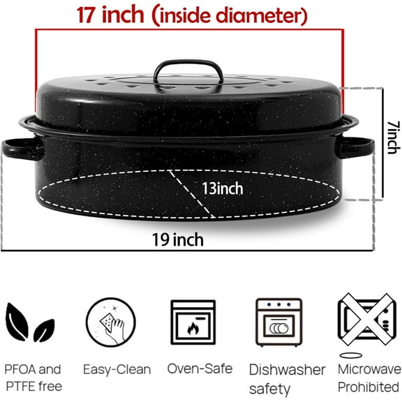 19" Turkey Roasting Pan Enamel Oval Granite Large Roaster Pan with Lid with 17in Inner Diameter Large Capacity Suitable for Thanksgiving Enamel Cook Ware Dishwasher Compatibility Oven Christmas Gift