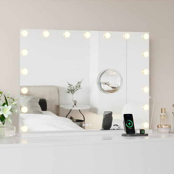 19"Vanity Makeup Mirror with Led Lights 3 Color Modes Lighted Mirror 360°Rotation for Bedroom Tabletop Smart Touch Control White