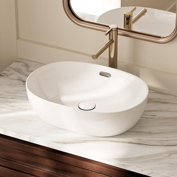 19"W x 14"D Oval Vessel Sink with Overflow, Flexi 19 Inch Oval White Ceramic Countertop Bathroom Sink, Small Vessel Sinks For Bathrooms, Easy Install Above Counter Basin