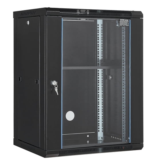 19" Wall Mount Server Rack Enclosure, 15U IT Cabinet with Locking Glass Door & Panels, Heavy Duty Steel for Network & AV Equipment.