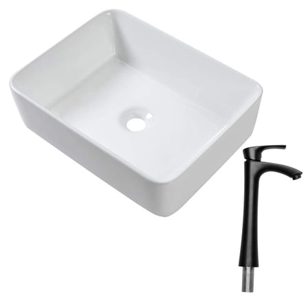 19"X15" Rectangle Vessel Bathroom Sink and Matte Black Single Lever Faucet Combo,White+Black Ceramic Bath Faucets Bathroom Vanities