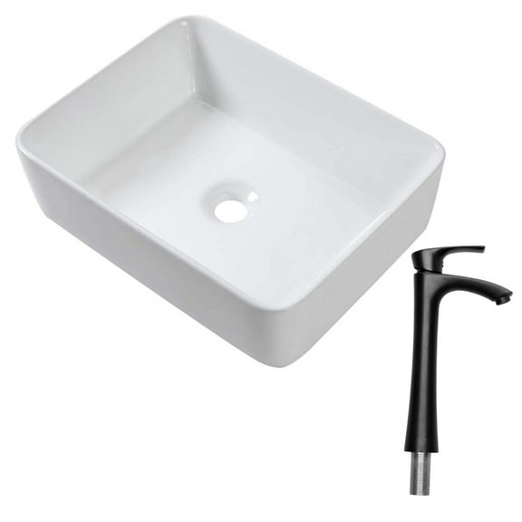 19"X15" Rectangle Vessel Bathroom Sink and Matte Black Single Lever Faucet Combo,White+Black Ceramic Bath Faucets Bathroom Vanities