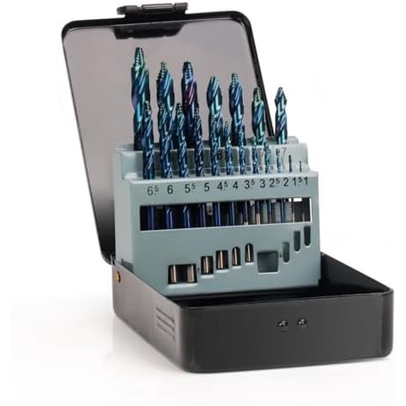 19 count Cobalt Drill Bit Set, M35 HSS Stepped Point Drill Bit, 135  Tip High Speed Steel with Blue Oxide Finish, Stainless Steel, Plastic and  with Metal Indexed Storage Case