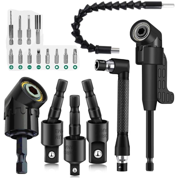 19 count Flexible Drill Bit Extension Kit,Includes 3 Rotatable Socket Adapter,2 105? Right Angle Drill Attachment,12 Pcs  Bits,L-Shaped Wrench & Bendable Extension for Tight Spaces