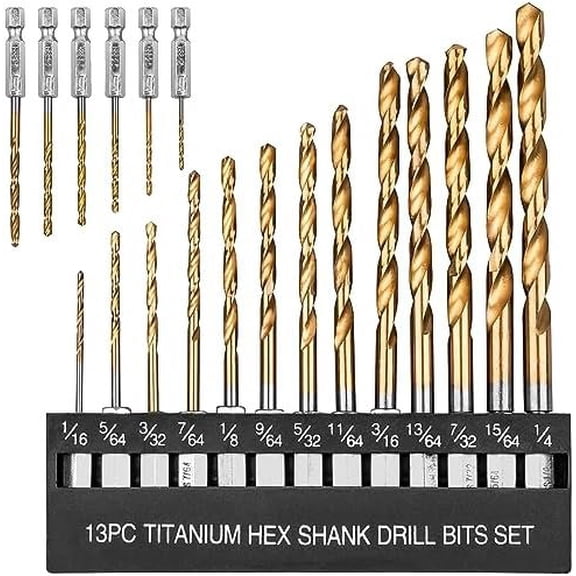 19 count Hex Shank Drill Bit Set, 1/16"-1/4" HSS Titanium Coated Twist Bits for Metal Plastic, 4241 High Speed Steel Small Quick Change Drill Bits with Holder