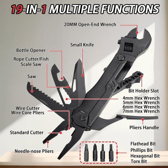 19-in-1 Multitool Wrench Stainless Steel Adjustable Wrench with Pliers, Knife, Wire Cutter, Saw, Screwdrivers Compact EDC Pocket Tool for Camping, DIY Repairs, Gift for Men