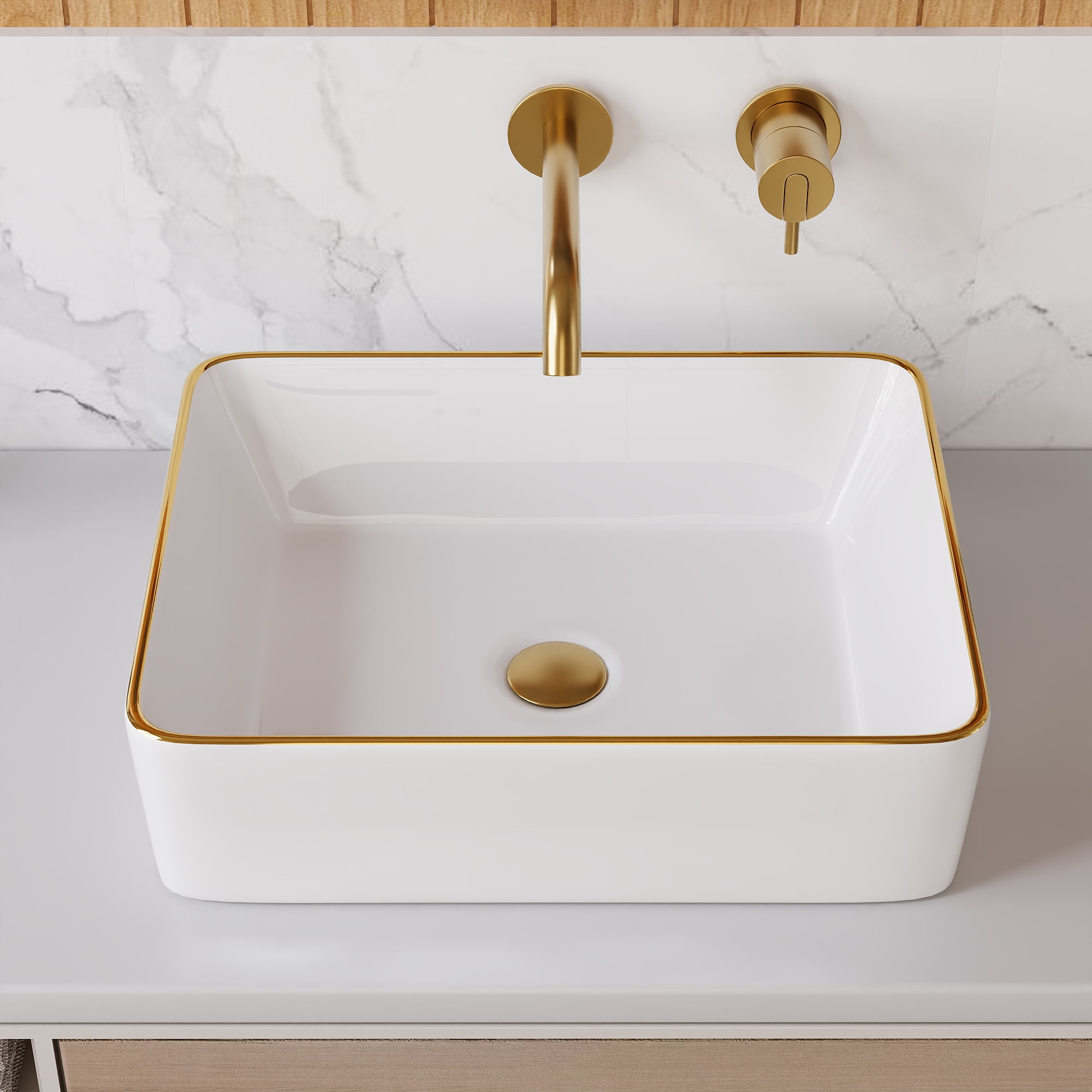 19 in. L x 15 in. W Rectangular White Bathroom Ceramic Vessel Sink with Gold Trim Above Counter, Faucet Not Included  DV-1V0365