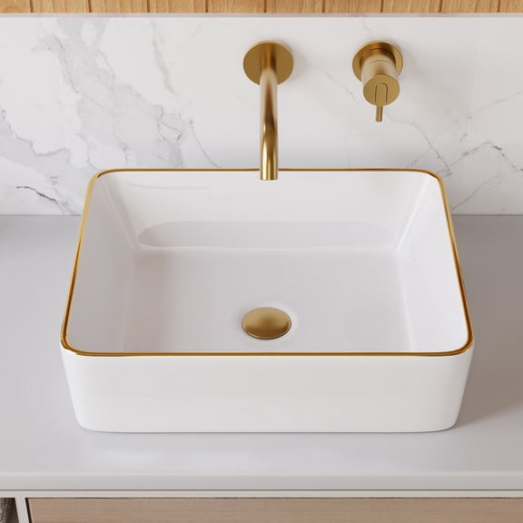 19 in. L x 15 in. W Rectangular White Bathroom Ceramic Vessel Sink with Gold Trim Above Counter, Faucet Not Included DV-1V0365