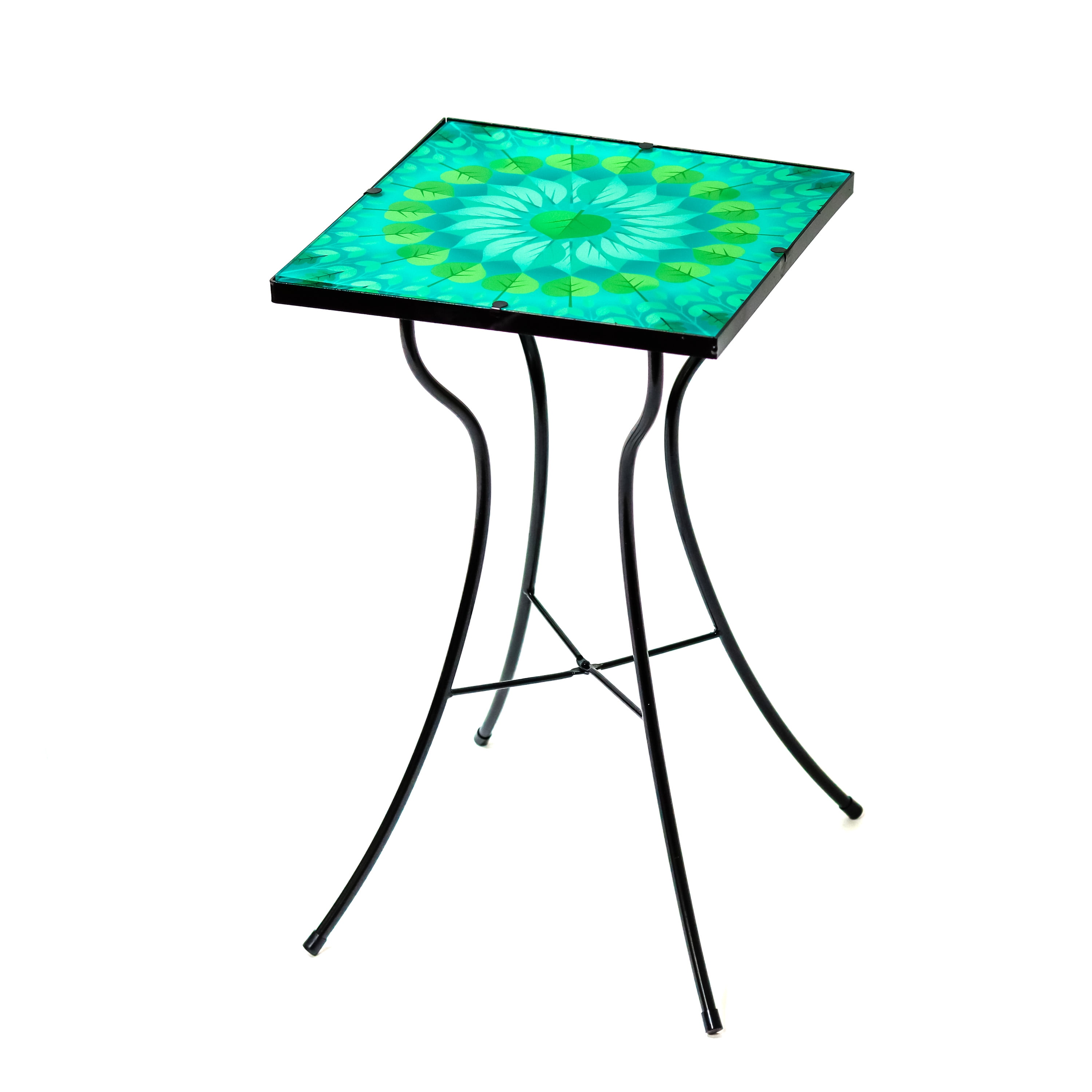 Green and Teal Leaf Design Glass and Metal Side Table