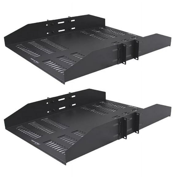 19 in. Wide 25 in. Deep Tray 50 lbs Double Sided Heavy Duty Steel 2U Vented Cantilever Shelf & Rack Mount, Black - Pack of 2