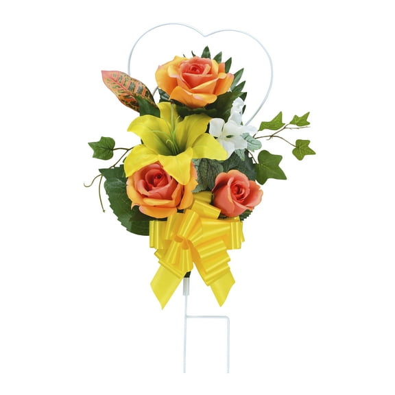19-inch Artificial Silk Orange, Yellow & White Rose Mixed Cemetery Metal Stake, for Indoor/Outdoor Use, by Mainstays