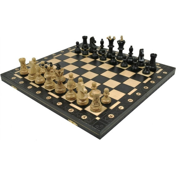 19 inch Large Beautifully Detailed Black Travel Wooden Chess Set with Storage 3.75 inch King