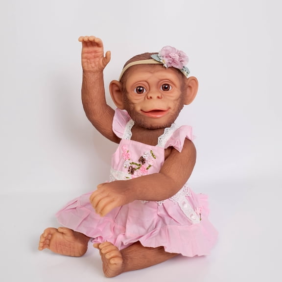19 inch Lovely Realistic Full Body Vinyl Reborn Monkey Doll in Pink Dress, Collection Art Monkey Doll, Kids Playmate, Holiday Present, Birthday Halloween Christmas Gift