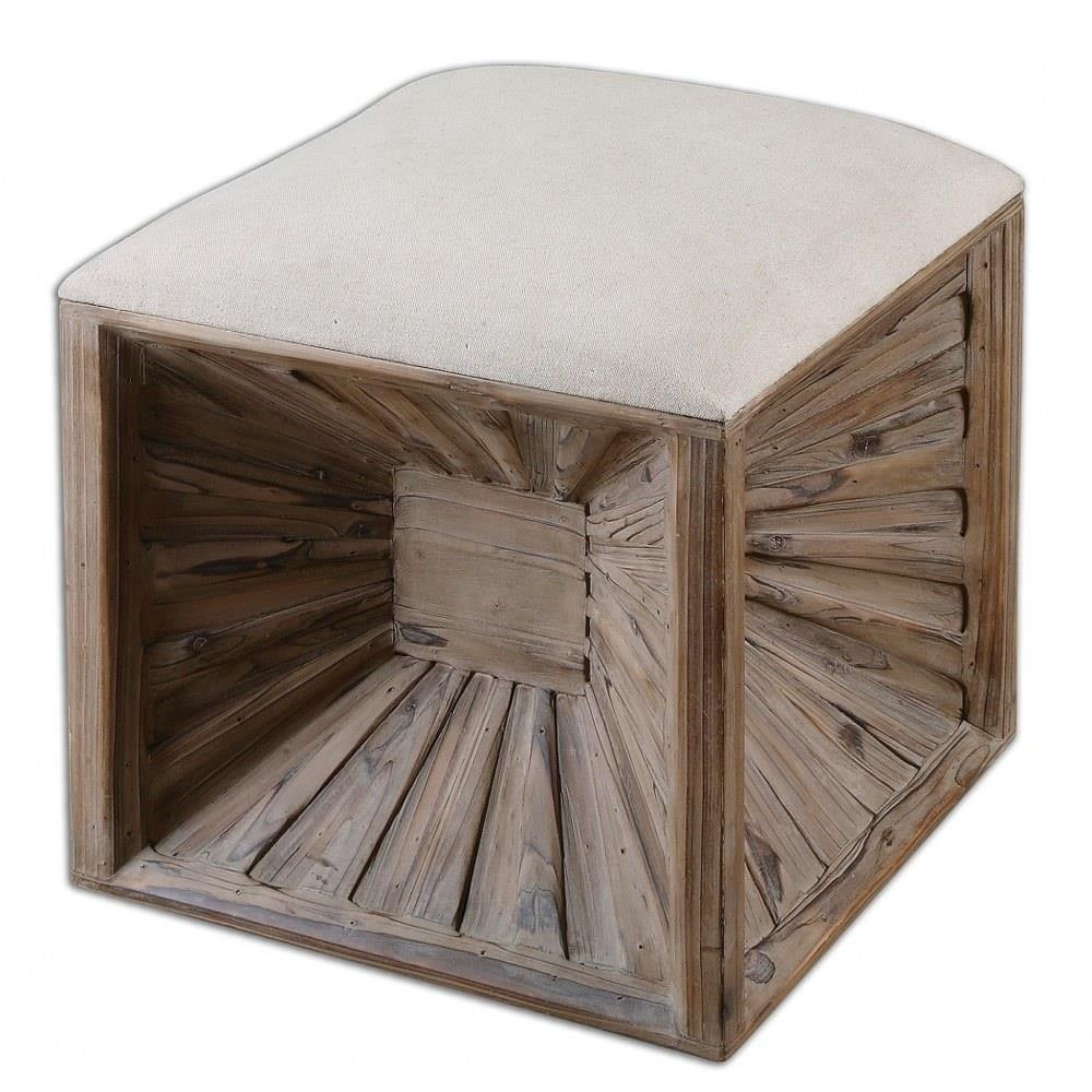 Natural Fir Wood Cube Ottoman with Linen Cushion