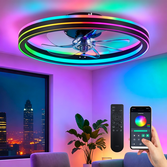 19 inch RGB Ceiling Fan with Lights, Remote & APP Control , Black Low Profile Ceiling Fans with Flush Mount LED Fan Light for Bedroom
