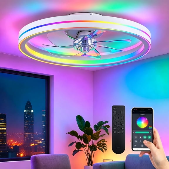 19 inch RGB Ceiling Fan with Lights, Remote & APP Control , White Low Profile Ceiling Fans with Flush Mount LED Fan Light for Bedroom