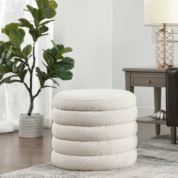 19 - inch White Boucle Ottoman / Hidden Storage & High - Density Foam