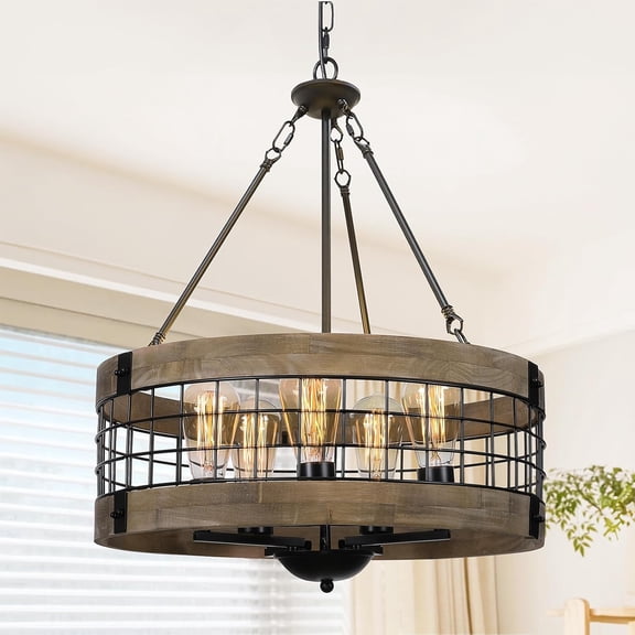 19-inch farmhouse style dining room lighting, 5-light modern farmhouse style chandelier, with wood and black metal shades, rustic style chandelier hanging chandelier, suitable for kitchen island, hal