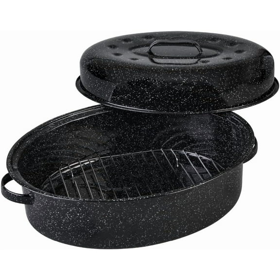 19 inch oval roaster with Lid, Oval Rack included (Speckled Black) - design to accommodate up to 20 lb poultry/roast. Resists up to 932F