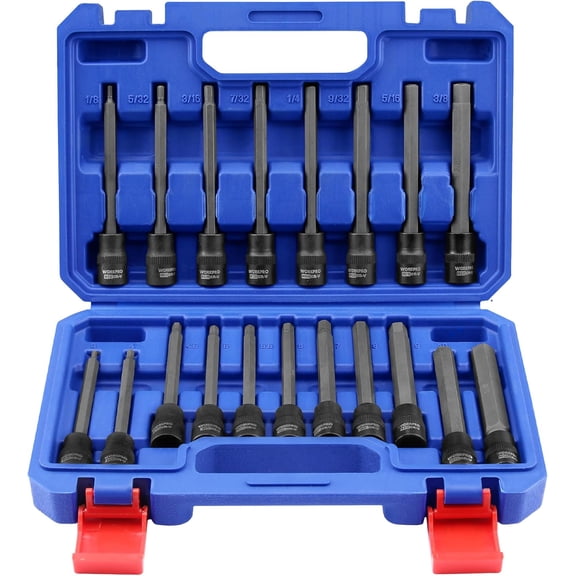 19-piece 3/8 Inch Drive Extra Long Hex Bit Socket Set, Torx Bit Socket Set, Premium S2 Steel Long Allen Star Bits and CR-V Sockets Set with Storage Case
