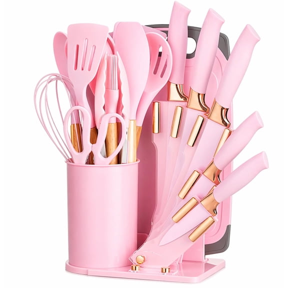19-piece Pink Kitchen Utensil Set with Rose Accents