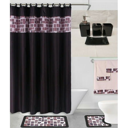 19 piece bathroom set print design mosaic black with rubber backing anti slip 2 bath rug -mat with 1 shower curtain poleyster with 12 rings covered and 4 pc ceramic accessories