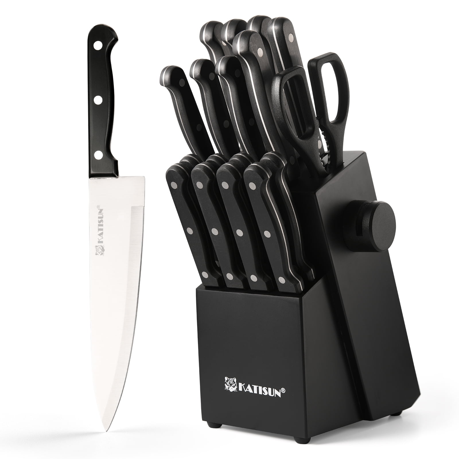 19-piece knife set, made of German steel, durable, dishwasher safe, kitchen knife set with built-in sharpener, for chopping, slicing, dicing and cutting.