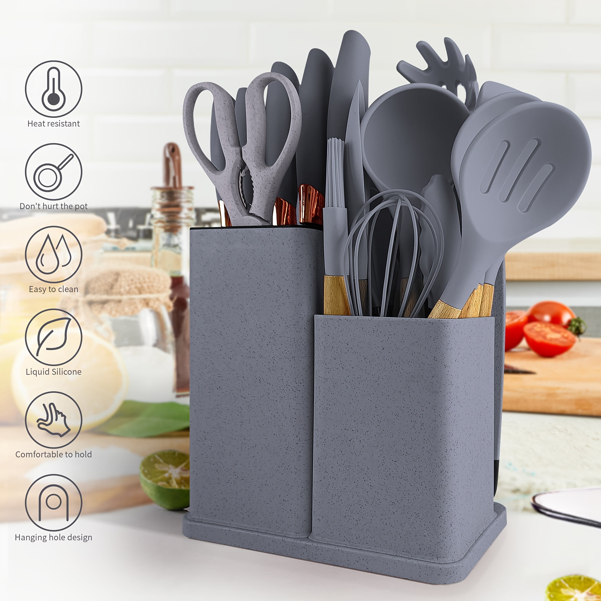 19-piece set of high-quality silicone kitchen utensils with wooden ...