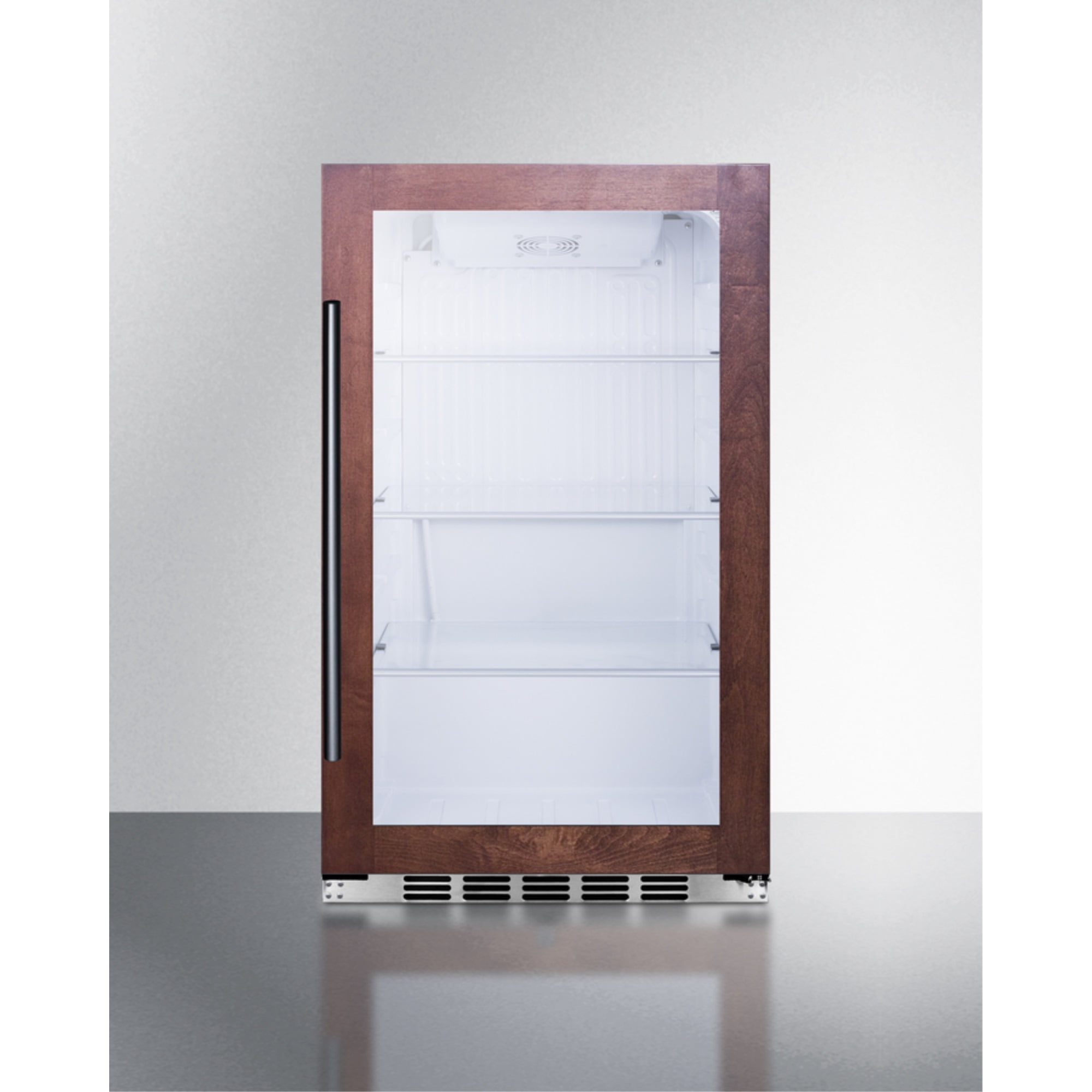 19" wide shallow depth indoor/outdoor beverage center with panel-ready glass door and white interior