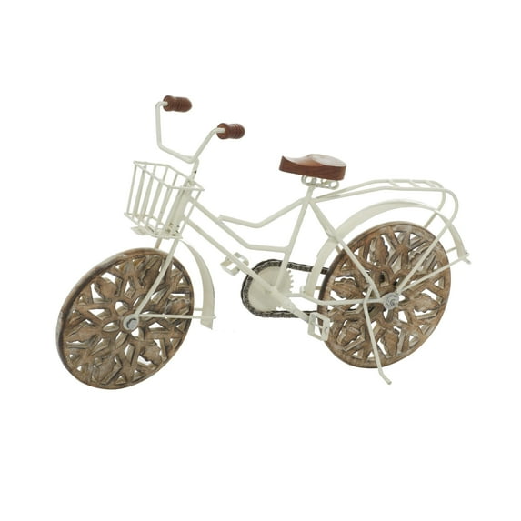 19" x 12" White Metal Bike Sculpture with Carved Wood Wheels, by DecMode