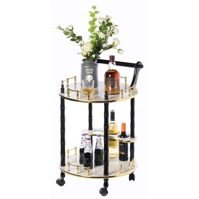 19 x 30 in. Round Wood Serving Bar Cart Tea Trolley with 2 Tier Shelves \u0026 Rolling Wheels, Gold, Black \u0026 White