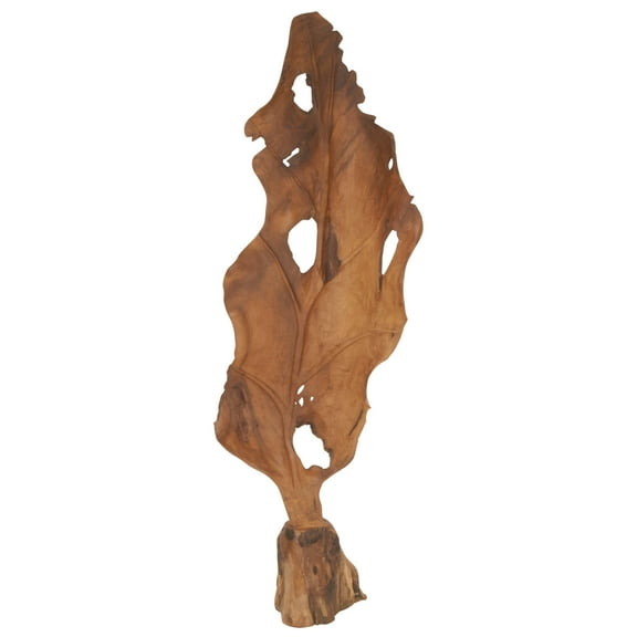 19" x 62" Brown Teak Wood Handmade Live Edge Leaf Sculpture, by DecMode